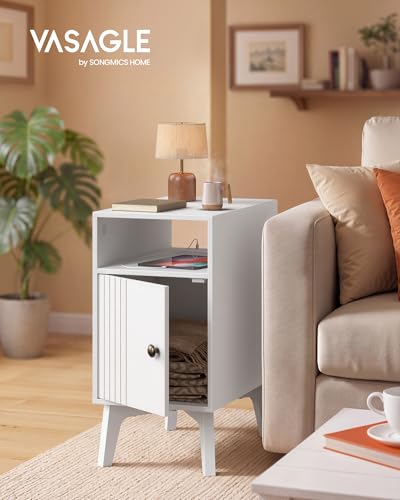 VASAGLE MAEZO Collection - End Table with Charging Station, Narrow Side Table, Nightstand with Tapered Legs, Curved Transitions, for Small Spaces, Bedroom, Cloud White ULET329W101S - color: Cloud White