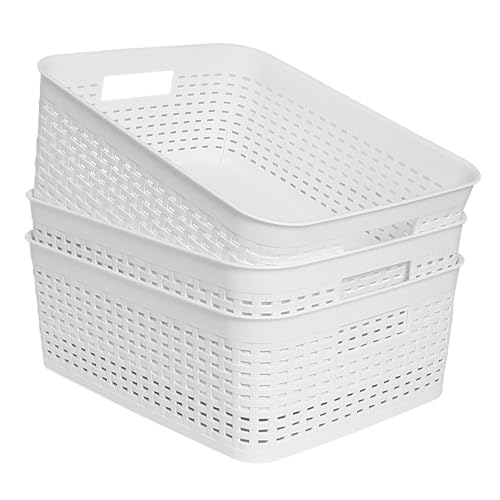 Plastic Storage Baskets for Cabinets, Household Pantry Organization with Handle,Organizer Bins for Room,Bathrooms,Under-Sink,Kitchen (White, M-3PACK) - color: White, size: M-3PACK
