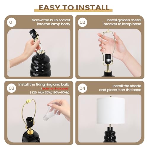 17.5" Black Ceramic Gourd Table Lamps Set of 2, Touch Control Farmhouse Lamps for Nightstand Living Room, Small Rustic Bedside Lamp for Bedroom Desk End Table Office with Linen Shades