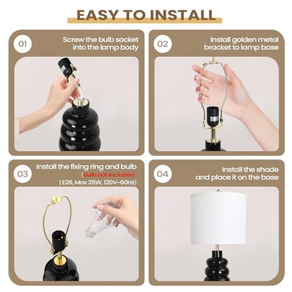 17.5" Black Ceramic Gourd Table Lamps Set of 2, Touch Control Farmhouse Lamps for Nightstand Living Room, Small Rustic Bedside Lamp for Bedroom Desk End Table Office with Linen Shades