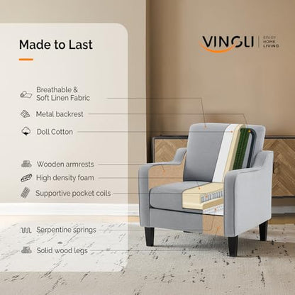 VINGLI Accent Chairs for Living Room, Line Comfy Upholstered Sofa Chair Mid Century Modern Armchair for Bedroom, Home Office, Small Spaces, Apartment - color: Light Grey