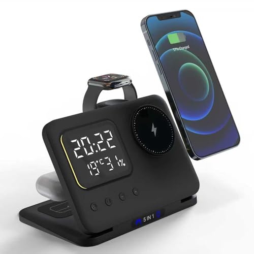IHAO 5in1 Multi Functional Wireless Charger with Digital Clock 15W Fast Charge Night Light Temperature Display MagSafe Compliant for iPhone iWatch and Qi Headphone-DH13 Black - color: 5IN1 MagSafe Compliant DH13 Black