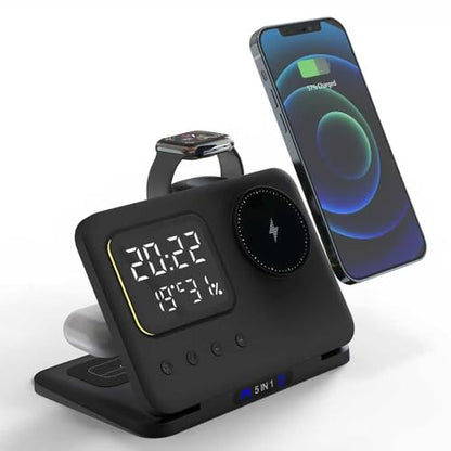 IHAO 5in1 Multi Functional Wireless Charger with Digital Clock 15W Fast Charge Night Light Temperature Display MagSafe Compliant for iPhone iWatch and Qi Headphone-DH13 Black - color: 5IN1 MagSafe Compliant DH13 Black