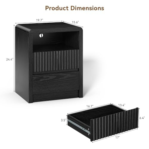 LYNSOM Fluted LED Nightstand Set of 2, Charging Station & 2 Drawers, Black | Mid Century Modern Night Stand with Stoarge, Wood Bedside End Table with Curved Edge for Bedroom, Living Room, Office, 20" W - color: Black, size: 2 Drawers