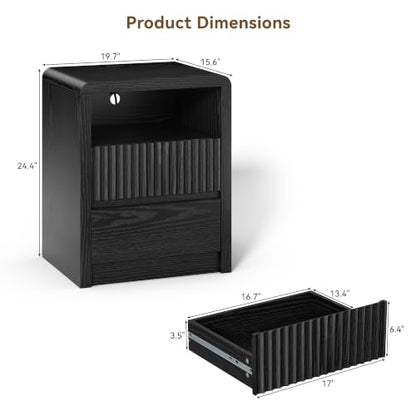 LYNSOM Fluted LED Nightstand Set of 2, Charging Station & 2 Drawers, Black | Mid Century Modern Night Stand with Stoarge, Wood Bedside End Table with Curved Edge for Bedroom, Living Room, Office, 20" W - color: Black, size: 2 Drawers