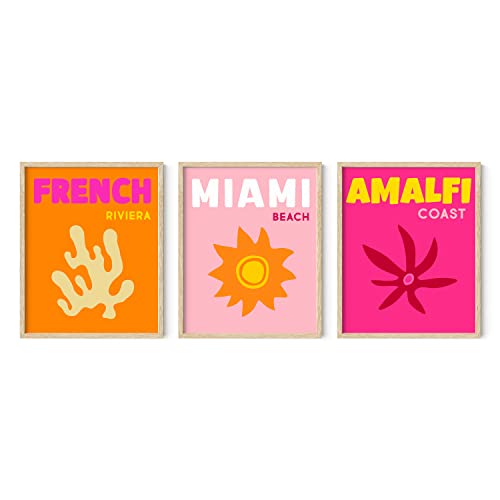 HAUS AND HUES Preppy Wall Art – Set of 3 Colorful Prints, Trendy Travel Decor, Bright Aesthetic Wall Art, Beach Posters (Beige Frame, 16x20) - color: Bright City, size: 16"L x 20"W, style: Beige Framed