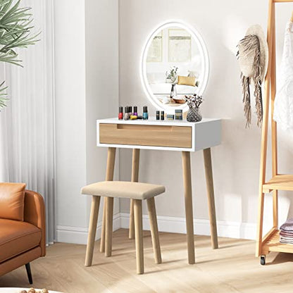 YOURLITE Makeup Vanity Table Set with 3 Modes Adjustable Lighted Mirror Cushioned Stool, Dressing Table for Small Space | 3 Lighting Modes, Adjustable Brightness, Cushioned Stool, Dressing Table, Compact Design, for Small Spaces - size: 24", style: Oval M
