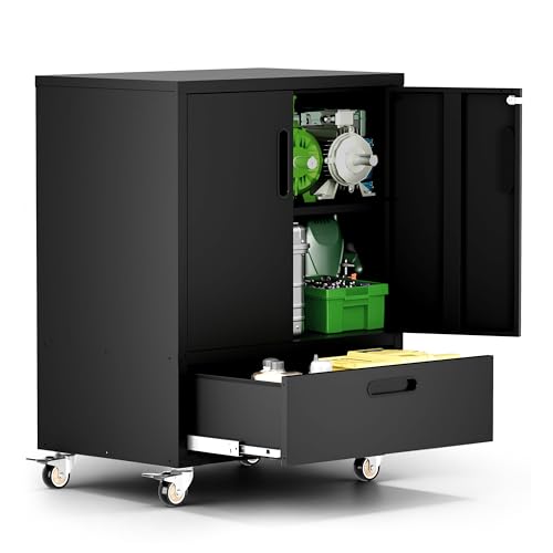 Garage Cabinets,Metal Garage Storage Cabinet with Wheels,Black Lockable Rolling Tool Cabinet with Drawer and Adjustable Shelves,Heavy Duty Tools Cabinet for Home Office Utility Room - color: Black, size: 2 Doors & 1 Drawer