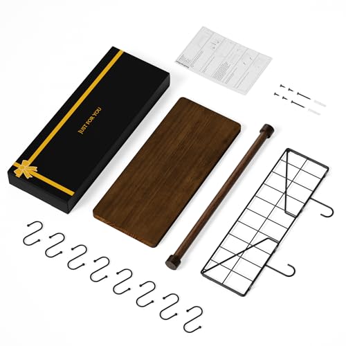 Alsonerbay Floating Shelf Coffee Bar Shelf with Towel Bar, Dark Brown | 8 removable hooks, solid wood, space-saving, holds cooking utensils & mugs, easy installation, kitchen & bathroom use - color: Dark Brown