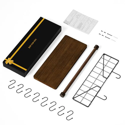 Alsonerbay Floating Shelf Coffee Bar Shelf with Towel Bar, Dark Brown | 8 removable hooks, solid wood, space-saving, holds cooking utensils & mugs, easy installation, kitchen & bathroom use - color: Dark Brown
