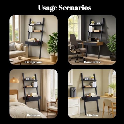 Home Office Desk with Ladder Shelf & Drawer, Computer Writing Desk with Storage Shelves, Modern Small Desk for Bedroom Study