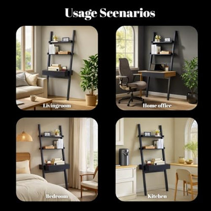 Home Office Desk with Ladder Shelf & Drawer, Computer Writing Desk with Storage Shelves, Modern Small Desk for Bedroom Study