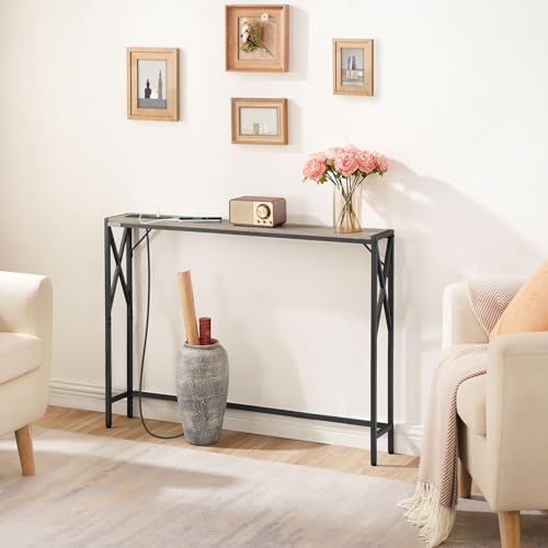 MAHANCRIS 5.9" Narrow Sofa Table with Charging Station, 39.4 Behind Couch Table with Outlet, Slim Entryway Console Table, Small Space, for Hallway, Living Room, Foyer, Greige CTHG151E01 - color: Greige, Black