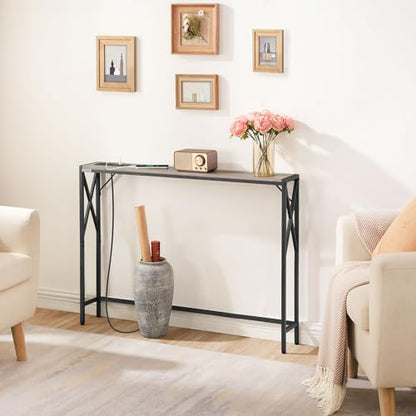 MAHANCRIS 5.9" Narrow Sofa Table with Charging Station, 39.4 Behind Couch Table with Outlet, Slim Entryway Console Table, Small Space, for Hallway, Living Room, Foyer, Greige CTHG151E01 - color: Greige, Black