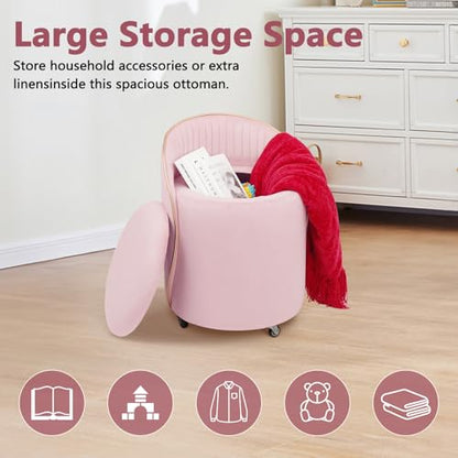 Round Storage Ottoman, Upholstered Velvet Vanity Stool with Lumbar Support, Swivel Rolling Wheels, Small Foot Stools Coffee Table Padded Seat for Makeup Room, Living Room, Bedroom (Pink) - color: Pink
