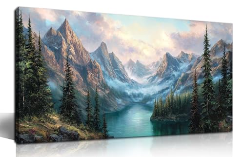 Nature Landscape Canvas Wall Art Green Pine Tree River Mountains Decor | 40x20 Inch Living Room Art Wall Decor, Wall Art for Bedroom,Hallway Hotel Home Office Wall Decoration Ready to Hang - color: Blue Green, size: 40"L x 20"W