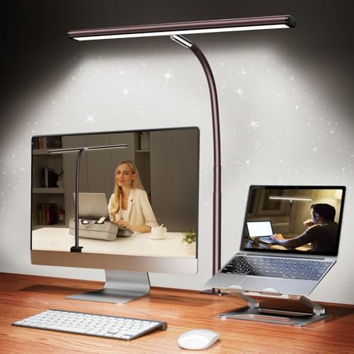 Airlonv LED Desk Lamp with Clamp, 17" Stepless Dimming Light, Brown | 2700K-6500K, 100 LEDs, 360° Gooseneck, Fits Up to 30" Monitors, Flicker-Free Lighting for Home Office, Study& Workbench - color: Brown, size: Standard
