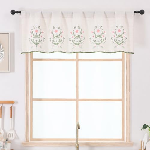 Chyhomenyc Floral Valances for Windows - Light Filtering Faux Linen Small Valance Curtains, Boho Flower Printed Farmhouse Valance for Bathroom Basement, 52Wx18L, 1 Piece - size: 52"W x 18"L (Pack of 1)