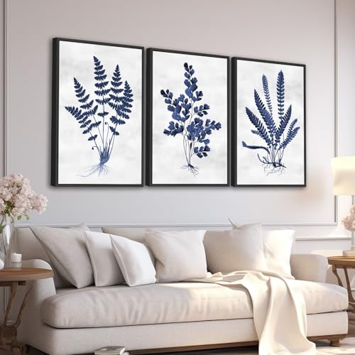 Large Framed Botanical Wall Art, Navy Blue Leaf Decor, 20"x28" Set of 3 | Black Solid Wood Framed Minimalist Canvas Prints, Vintage Plant Painting Rustic Fern Pictures for Living Room Bedroom Office - color: navy, size: 20"x28"x3 Framed