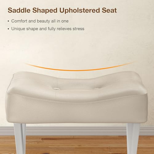 18-Inch Leather Vanity Stool Chair, Beige Makeup Stool | Vanity Bench, Metal X-Leg, Ottoman Accent Stool, Thick Padded Saddle Seat, 300 LBS, 16.3"x12.4"x18", For Living Room Bedroom - size: Small, style: Beige Leather