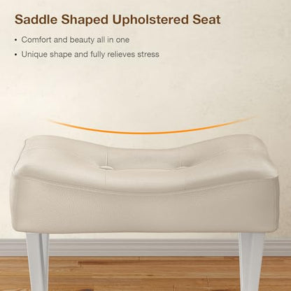 18-Inch Leather Vanity Stool Chair, Beige Makeup Stool | Vanity Bench, Metal X-Leg, Ottoman Accent Stool, Thick Padded Saddle Seat, 300 LBS, 16.3"x12.4"x18", For Living Room Bedroom - size: Small, style: Beige Leather