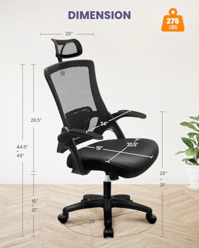 NEO CHAIR Office Desk Chair with Ergonomic High Back Headrest, Mesh Black | Adjustable Headrest and Lumbar Support with Flip-Up Armrests Designed for Extended Sitting Comfort While Saving Space - color: Mesh Black