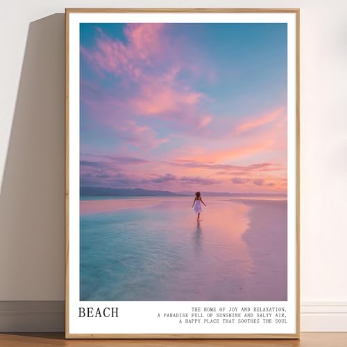 Pink and Blue Coastal Wall Art Cute Preppy Summer Pictures Aesthetic Summer Posters Trendy Beach Pictures Blue Ocean Painting Coastal Cowgirl Artwork Pink Sky Poster for Home Room 16x24inch Frameless - color: C4Unframed