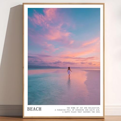 Pink and Blue Coastal Wall Art Cute Preppy Summer Pictures Aesthetic Summer Posters Trendy Beach Pictures Blue Ocean Painting Coastal Cowgirl Artwork Pink Sky Poster for Home Room 16x24inch Frameless - color: C4Unframed
