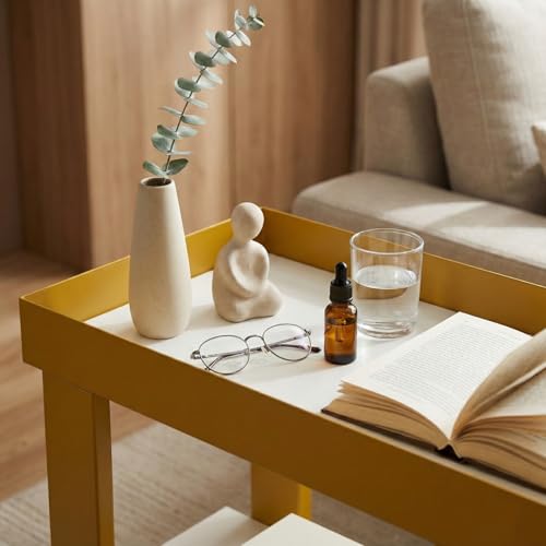 3-Tier Narrow Side Table with Tray Top, Slim Side Table, White&Gold | Modern Skinny End Table with Storage, Thin Nightstand Bedside Table for Small Spaces, Living Room, Bedroom or Bathroom - color: White + Gold