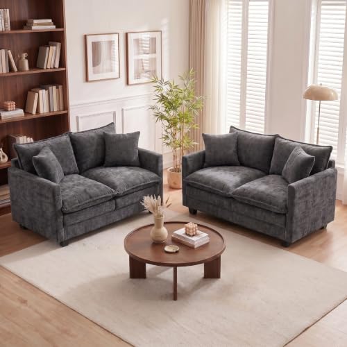 50'' Loveseat Sofa Set, Small Couch Set 2 Piece Cloud Love Seat with 27" Deep Seat Washable Chenille Pillows Couches for Small Spaces Apartment Living Room, Grey - color: Grey, size: 50"+50"
