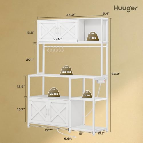 Huuger Large Bakers Rack with Power Outlet, Kitchen Microwave Stand with Cabinets, Coffee Bar Table Station with Storage, 6 S-Shaped Hooks, Mesh Shelves, 45 Inch Wooden Top, White - color: White