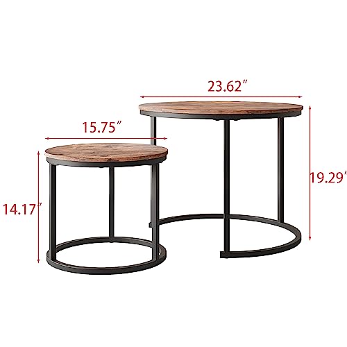 HOJINLINERO Round Nesting Coffee Table Set of 2,Small Coffee Table,Brown | Center Table for Living Room,Small Apartment,Small Space,Stacking Side Tables,Sturdy Easy Assembly,Rustic Brown Wood Tabletop - color: Brown, size: Small