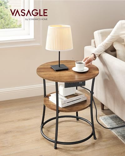 VASAGLE 21.7-Inch Round Side Table, 2-Tier End Table | Nightstand with Steel Frame, Spacious Top, for Small Spaces, Living Room, Bedroom, Honey Brown and Ink Black ULET077K02 - color: Honey Brown + Ink Black, style: With Power Strip