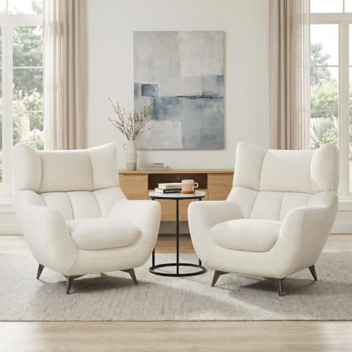 34.6" Oversized Accent Chair with WingBack, Teddy Boucle White | High Back, Wide Armrests, Metal Legs, Cozy Deep Seat Armchair , Reading Chair for Living Room, Bedroom, Apartment, Office - color: White, size: Set of 1