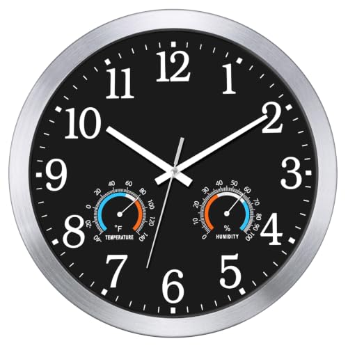 Caysie 16 Inch Indoor Outdoor Clocks Waterproof with Thermometer and Hygrometer Combo, Silent Battery Operated Quartz Metal Wall Clock for Patio Pool Bathroom Home (Black) - color: Black, size: 16 Inch