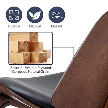 Belleze Mid Century Modern Tripod Plywood Lounge Chair Walnut Bentwood Upholstered Faux Leather, Black - color: Black, size: 1 Chair