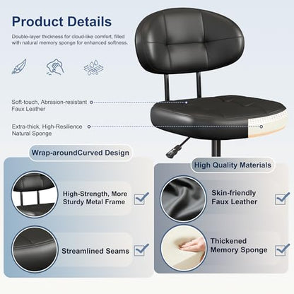 Misolant Vanity Chair with back, Small Armless Cute office Chair with wheels and Lumbar support, Comfy PU Leather Desk Computer Chairs with Adjustable Height, 360°Swivel for Home Bedroom Office, Black - color: Black
