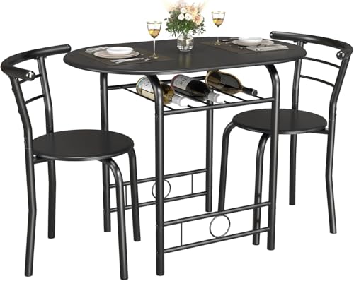 JUMMICO 3-Piece Wooden Round Table & Chair Set | Kitchen Breakfast Nook Wood Grain Tabletop with Metal Frame and Built-in Wine Rack for Kitchen, Dining Room (Black) - color: Black