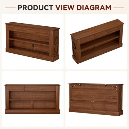 Miereirl 63" Console Table with Drawers & LED Light, Farmhouse, Walnut | Narrow Entryway Sofa Table, 3 Storage Drawers & Open Shelves, Behind Couch, Living Room Hallway Foyer - color: Walnut