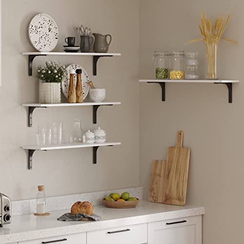 Long Wall Shelves, 31.5Inch Wooden Wall Mounted Shelves, Set of 2 | Floating Book Shelf, Sturdy Metal Bracket Easy Assembly, Max Load 22lbs, Wall Storage Ledges, Bedroom/Bathroom/Kitchen, White - color: White, size: 31.5 Inch