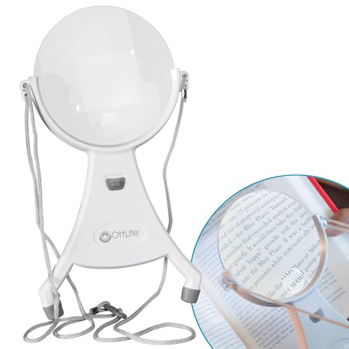 OttLite 4-Inch Hands-Free LED Magnifier, White | 1.5x Optical Acrylic Lens | 4.25x Spot Viewer | LED Illuminated | Adjustable Neck Cord