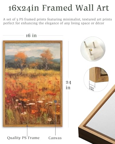 UPWOIGH Autumn Meadow Framed Wall Art, 16 x 24 Inch, Set of 3 | Golden Wildflower Meadow Prints, Warm Autumn Landscape Design, Light Wood Frames for Living Room, Dining Room and Office - color: Gold Autumn, size: 24"L x 16"W