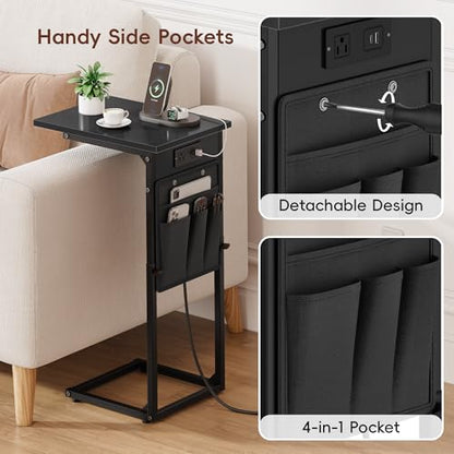 C Shaped End Table with Charging Station, Adjustable Height Side Table for Sofa, Couch Side Table for Small Spaces, Slide Under Sofa TV Tray Snack Arm Tables for Living Room, Bedroom, Black - color: Black, style: With Plug