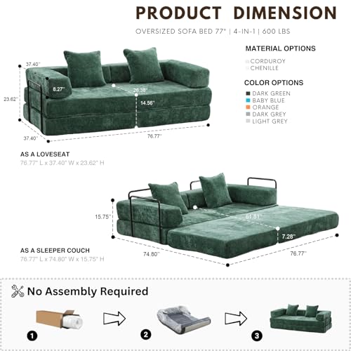 Alpen 77" Convertable Sleeper Sofa, 4-in-1 Pull Out Couch Bed with L-Shaped Armrests, Futon Sofa Bed Queen Size Sleeper Mattress Fold Out Comfy Lounge for Living Room Bedroom, Green - color: Green-chenille