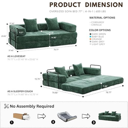 Alpen 77" Convertable Sleeper Sofa, 4-in-1 Pull Out Couch Bed with L-Shaped Armrests, Futon Sofa Bed Queen Size Sleeper Mattress Fold Out Comfy Lounge for Living Room Bedroom, Green - color: Green-chenille