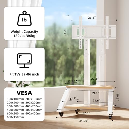 Mobile TV Stand Rolling TV Cart with Wheels for Most 32-86 Inch TV | TV Stand with Double Wooden Shelf, Height Adjustable Heavy-Duty Holds up to 180lbs,Max VESA 600 * 450mm - color: White