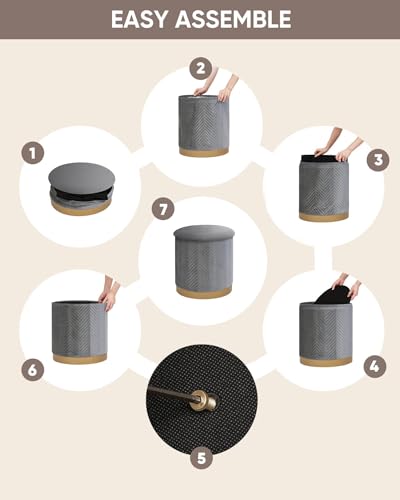 B FSOBEIIALEO Ottoman with Stroage, Round Velvet Storage Ottoman with Gold Plating Base,Foot Rest Stool for Dorm Room, Living Room Grey, 14.76"x14.76"x16.34"