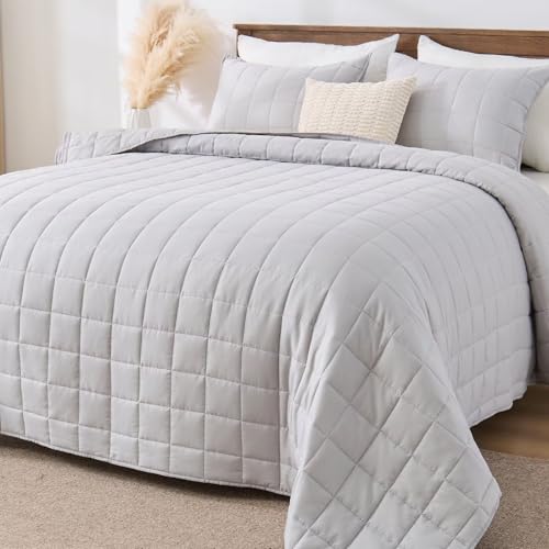 EMME Quilts Twin Size Bedding Sets, Light Grey Bedspread Soft Pre-Washed Quilt Winter Bed Sets, 2 Piece Cozy Reversible Microfiber Bed Coverlet with Pillow Sham (Square Pattern,66"x90") - color: 04-light Grey (Squares Pattern), size: Twin/Twin XL(66" x 90