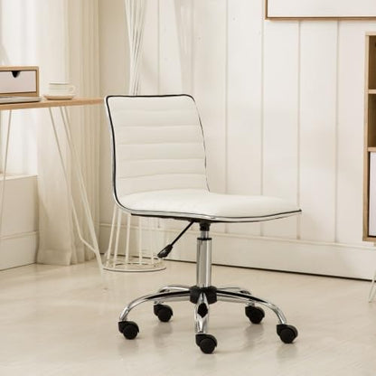 Armless Small Swivel Desk Chair, Vanity Office Desk Chair with Wheels | Adjustable Task Chairs, Modern Adjustable Height Work Chairs with Faux Leather Fabric & Padded Seat for Home Office, White - color: White