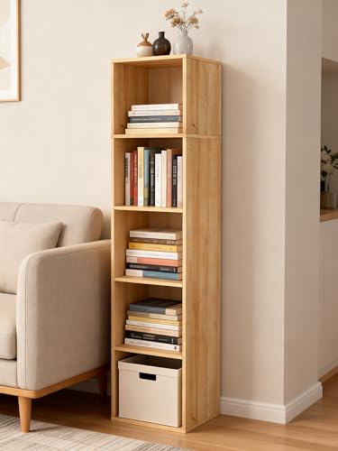 5 Cube Storage Organizer, 5 Tier Cube Low Bookcase Freestanding Storage Display Organizer, Five-Cubes Open Shelf Bookshelf for Home Office (Oak, 5-Cube) - color: Oak, size: 5-Cube